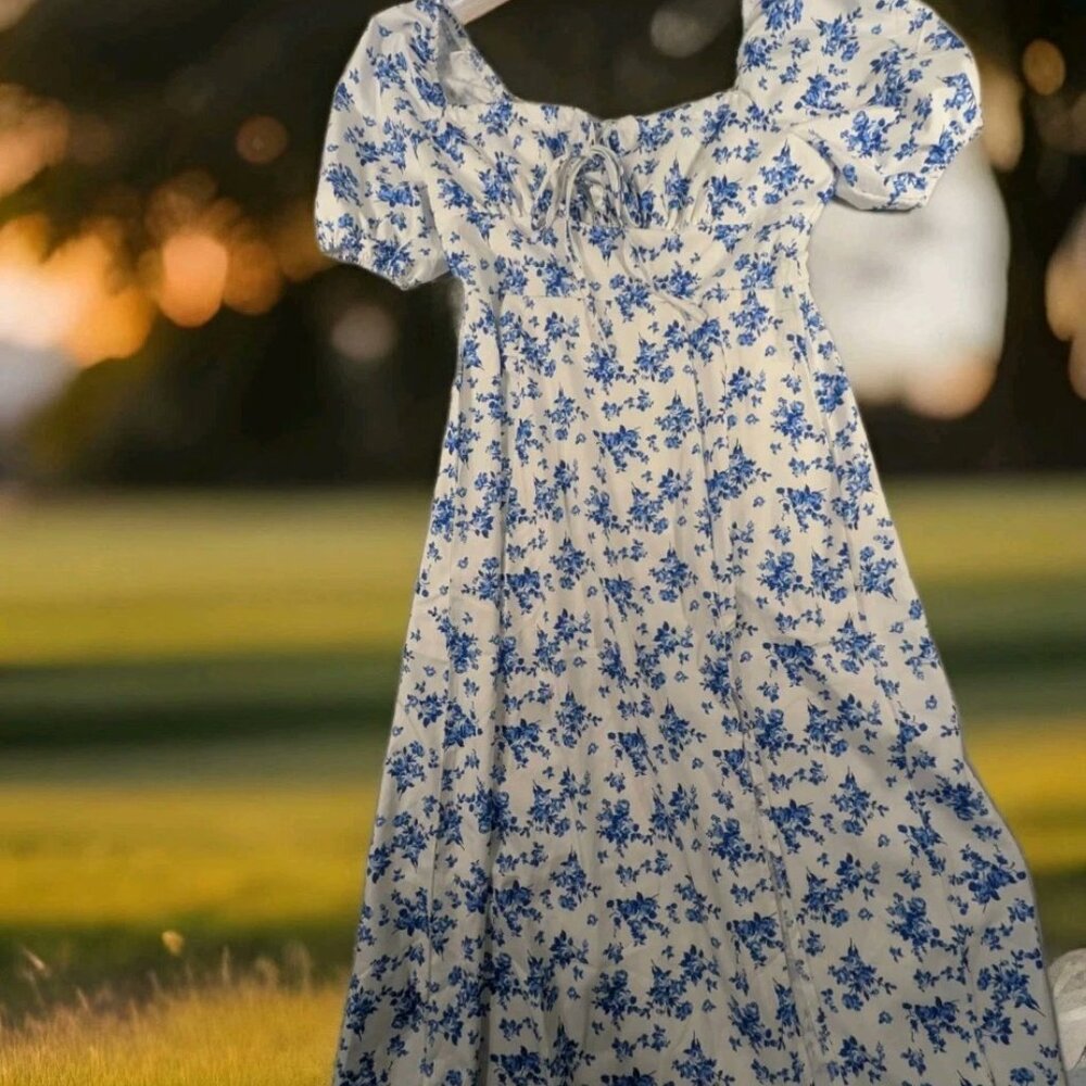 SHEIN VCAY Women's Blue Floral Print Ruched Bust Split Thigh Dress Size Large